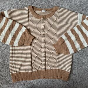 Hem & Thread Tan Cream Striped Cable Knit Sweater Size M Cozy Cottagecore